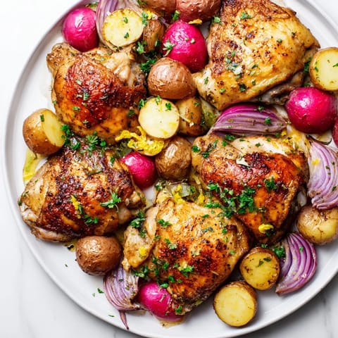 Enjoy the colorful Roasted Radish & Chicken Sheet Pan with tender chicken, savory radishes, and potatoes.