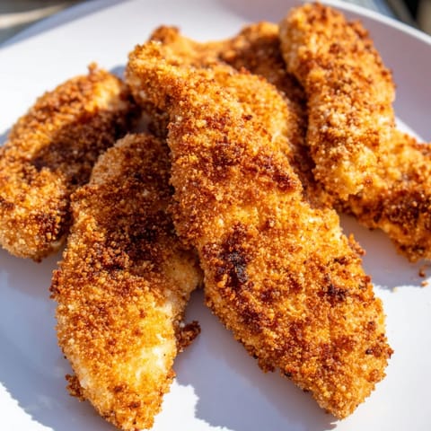 Freshly cooked air fryer chicken strips in a wire basket, showing the crispy whole wheat breading and juicy interior.