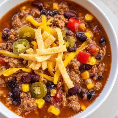 A steaming bowl of hearty Taco Soup topped with shredded cheddar, sour cream, and fresh cilantro.
