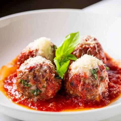 A close-up of tender, garlicky meatballs in marinara, melted mozzarella stretching from each bite, served over a bed of al dente spaghetti.