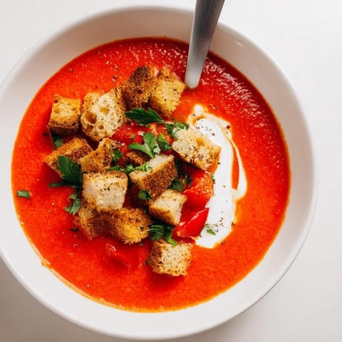 Steam rises from this Roasted Red Pepper Soup With Crispy Croutons, highlighting golden, olive-oil-baked croutons and a creamy, velvety texture.  
