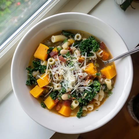 Close-up of Fall Minestrone featuring creamy white beans, ditalini pasta, and savory Italian herbs.  