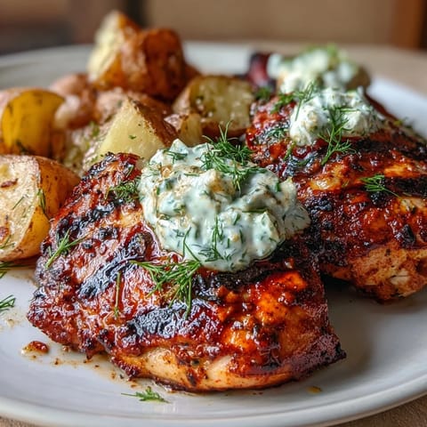 Spicy Yogurt Marinated Chicken with dill feta cream, golden potatoes.
