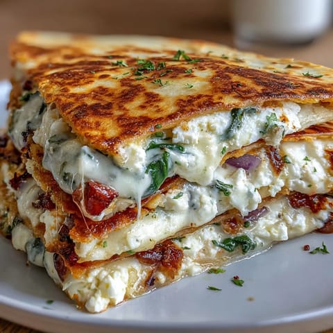 Freshly cooked Mediterranean Quesadillas with Spinach, Feta, Mozzarella, and Red Onion served with a side of creamy tzatziki.