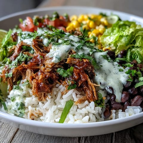 Tender, flavorful slow-cooked carnitas piled high in a vibrant burrito bowl masterpiece.