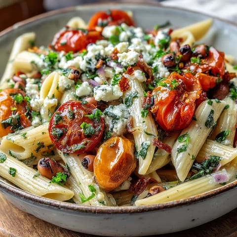A close-up of a vibrant Black-Eyed Pea Pasta bowl featuring al dente penne, creamy beans, and wilted spinach in a glossy garlic and olive oil sauce.