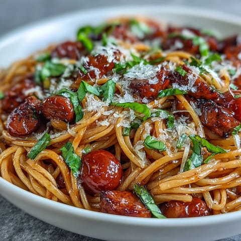A close-up of Italian Drunken Noodles topped with grated Parmesan and fresh basil leaves, served in a white bowl with a glass of red wine.
