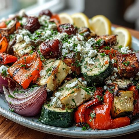 A colorful platter of Roasted Mediterranean Greek Vegetables served with crumbled feta and parsley