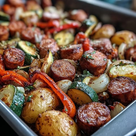 Smoky Sheet Pan Sausage & Veggies with Naan features caramelized peppers and zucchini alongside savory sausage, ready for dipping into buttery naan.