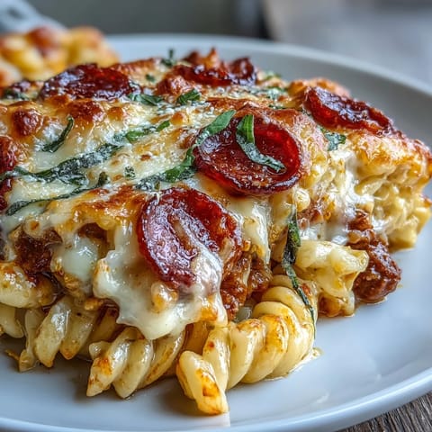 Hearty High-Protein Pizza Pasta Bake served in a rustic dish, paired with a crisp green salad for a complete meal.