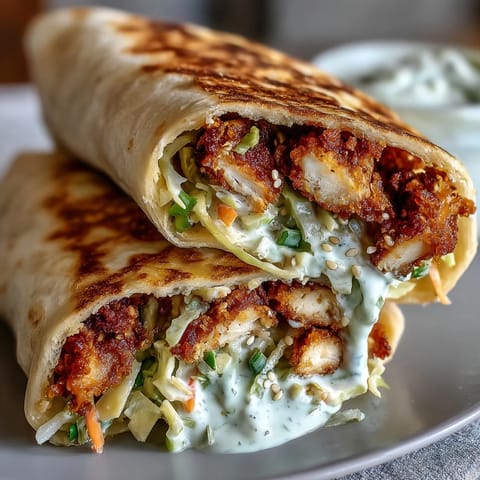 Freshly fried Crispy KFC Turkey Snack Wraps served warm with tangy gochujang slaw.