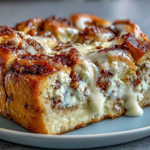 Golden brown Cream Cheese Swirl Cinnamon Roll French Toast Bake fresh from the oven.