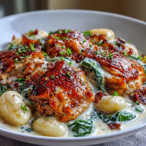 Savory One-Pan Creamy Garlic Chicken Gnocchi with tender chicken, pillowy dumplings, and bright green spinach swimming in a rich Parmesan cream sauce.