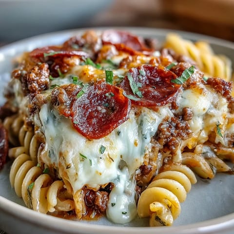 Fresh chopped basil garnishes a spoonful of creamy High-Protein Pizza Pasta Bake layered with melty cheese and pasta. 