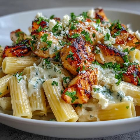 Spiral steam rises from a skillet of Creamy Lemon Feta Chicken Pasta, highlighting glossy noodles coated in Parmesan and lemon cream sauce.