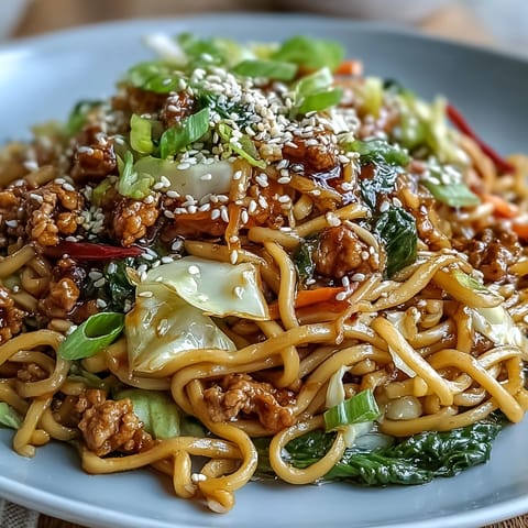 Sizzling ground turkey and crisp vegetables mingle in a wok with pan-fried noodles for a quick, savory dinner.