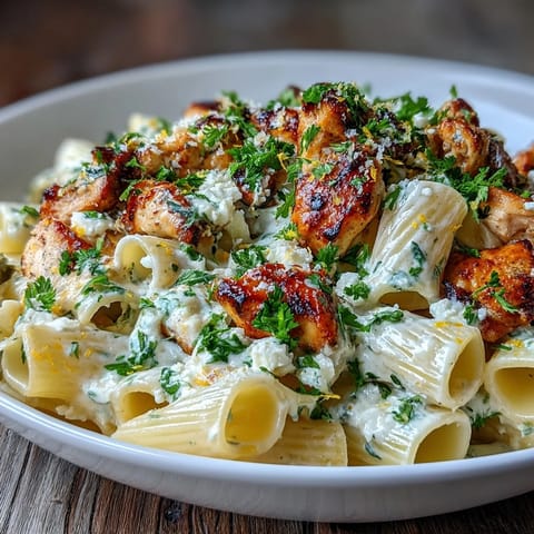 Steam rises from a skillet of Creamy Lemon Feta Chicken Pasta with golden chicken pieces.