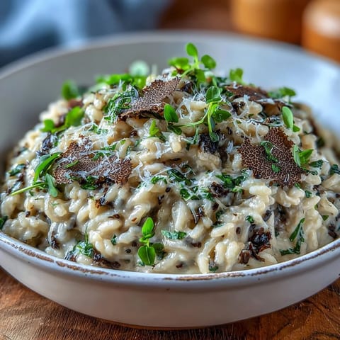 Steaming Truffle Risotto with Pea Shoots garnished with shaved black truffle and grated Parmesan cheese.
