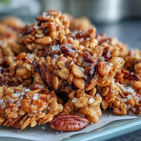 Golden-brown Salted Honey Granola clusters with toasted nuts and coconut on a white ceramic bowl, ready to be scooped.