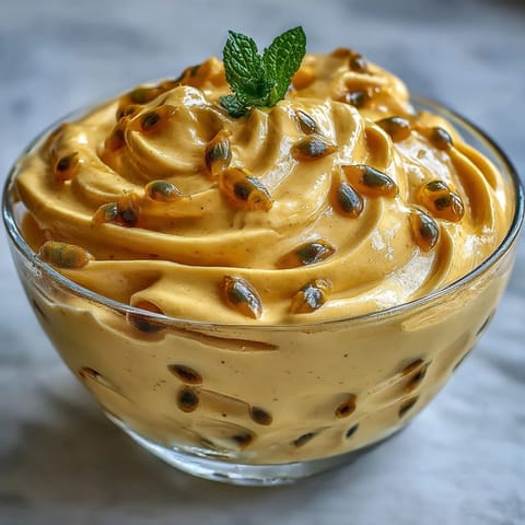 Inside a chilled ramekin, pillowy Passionfruit Mousse is topped with fresh pulp and a crisp shortbread cookie on the side.