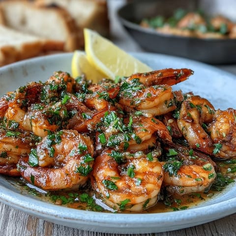 Golden Garlic Butter Prawns sizzling in a skillet with melted butter, chopped parsley, and fresh lemon wedges served with crusty bread.