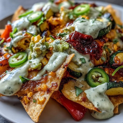 Roasted bell peppers and zucchini layer these Sheet Pan Salsa Verde Veggie Nachos with vibrant color and smoky flavor.