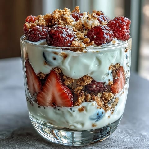 A protein-packed 10-minute Greek Yogurt Berry Parfait topped with fresh strawberries, blueberries, and honey.