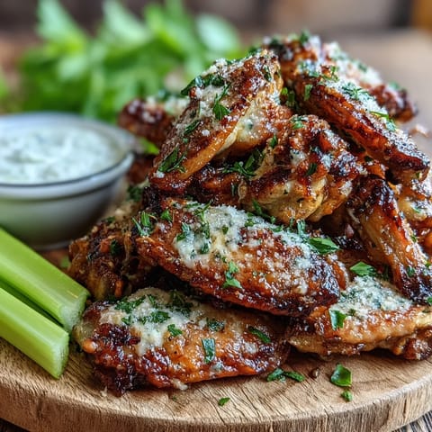 Golden-brown Keto Garlic Parmesan Roasted Wings with celery sticks and creamy ranch dip on a rustic platter.