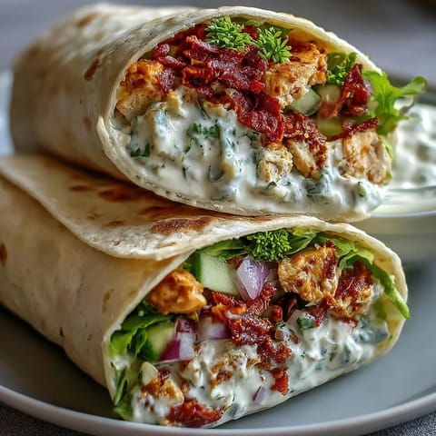 Four warmed flour tortillas are rolled with creamy chickpea chicken salad, sun-dried tomatoes, crisp greens, and sliced cucumber. 