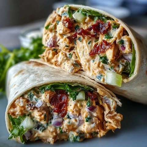 Freshly prepared Vegan Creamy Sun-Dried Tomato Chickpea Chicken Salad Wraps, filled with colorful veggies and herbs. 