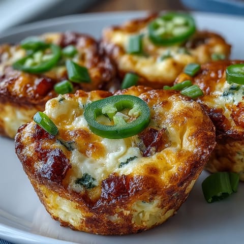 Six Keto Jalapeño Cheddar Egg Cups on a white plate next to a bowl of sour cream and a sprig of cilantro.
