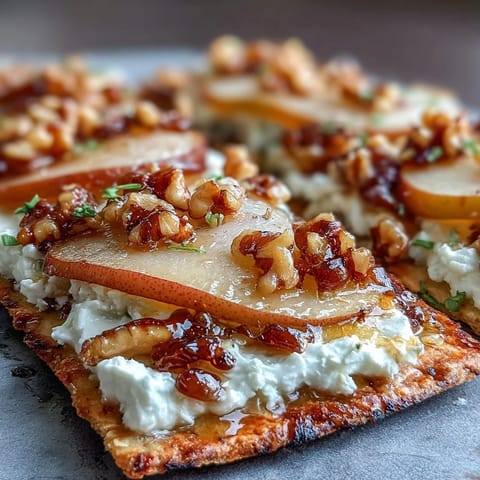 Goat Cheese & Pear Flatbread with Hot Honey: Crispy flatbread layered with creamy goat cheese, sweet pear slices, caramelized onions, crunchy walnuts, and a spicy hot honey drizzle.  
