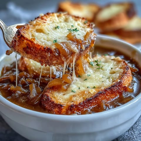 Rich caramelized French onion soup with golden sourdough Gruyere crostini, perfect for a cozy winter dinner.  