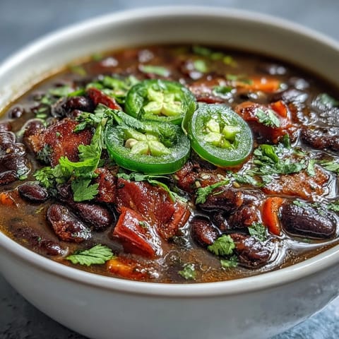A steaming bowl of Black Bean and Ham Soup with jalapeños, topped with fresh cilantro and lime wedges for a zesty finish.  