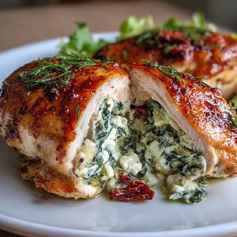 Elegant spinach and feta stuffed chicken breasts, featuring creamy filling and tender meat, perfect for a special dinner.  