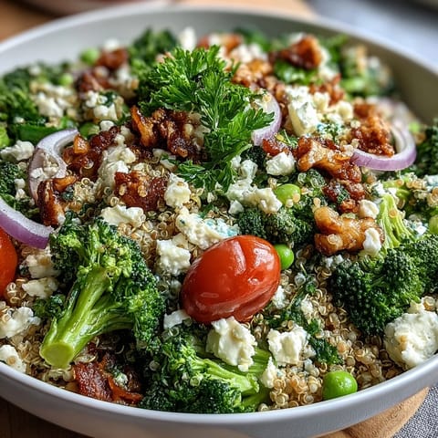 A colorful grain bowl with quinoa, broccoli, peas, and feta, drizzled with lemon-Dijon dressing for a fresh vegetarian meal.  