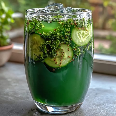 A vibrant green detox juice featuring crisp cucumber, sweet apple, and zesty ginger for a refreshing boost.