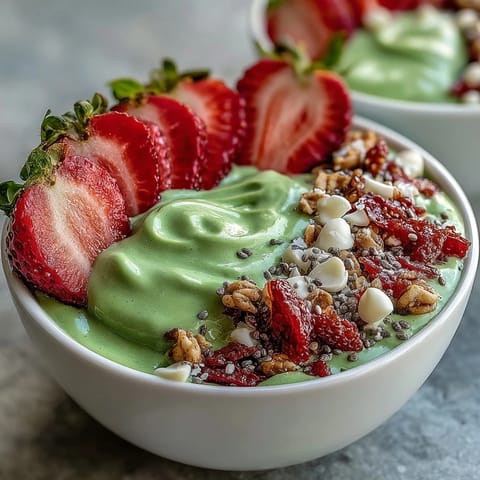 Creamy strawberry matcha smoothie bowl topped with fresh strawberries, crunchy granola, and coconut flakes for a café-style treat.