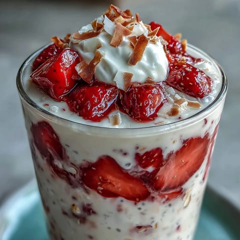 Creamy coconut milk oats layered with fresh strawberries, chia seeds, and a sprinkle of shredded coconut for texture.