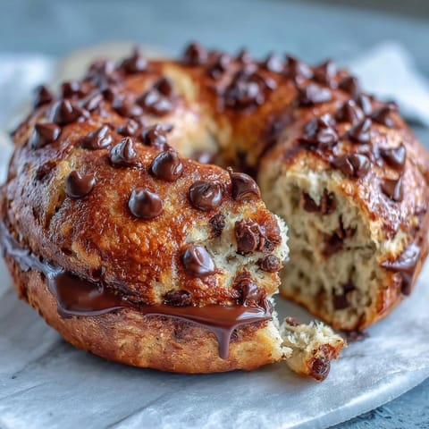 A stack of golden-brown chocolate chip protein bagels, soft and chewy with melted chocolate pockets, perfect for a high-protein breakfast.