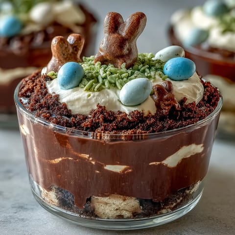 Adorable Easter Bunny Dirt Cups for Kids with chocolate pudding and crushed cookies topped with marshmallow Peeps.  