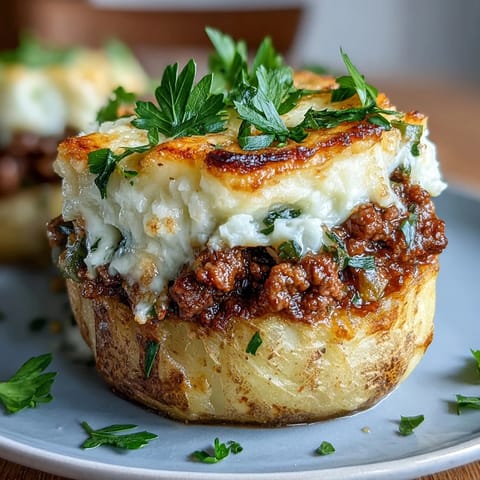Shepherds Pie Stuffed Baked Potatoes with hearty beef filling and creamy mashed potato topping, golden and bubbling from the oven.  