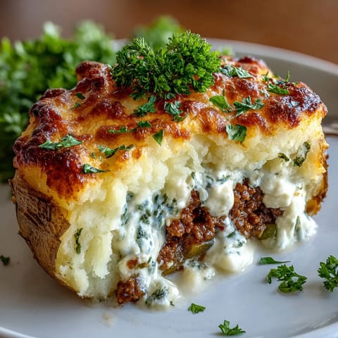 Comfort food classic reimagined: baked potatoes loaded with savory meat and vegetables, crowned with rich, buttery mashed potato.  