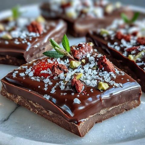 Luxurious Dubai Chocolate Strawberry Bark with dark chocolate, pistachios, and edible gold leaf for an opulent dessert.  