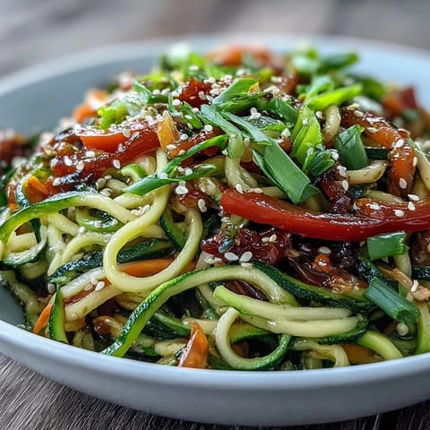 A colorful bowl of zucchini noodles stir-fried with bell peppers, carrots, and snap peas in a savory sesame sauce.  