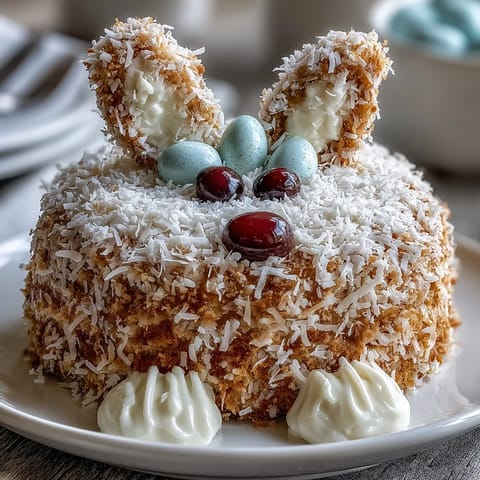 Adorable Easter Bunny Cake decorated with fluffy coconut fur and a bright pink jelly bean tail, perfect for spring holiday celebrations.