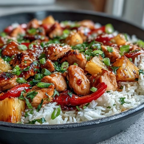 2. A hearty Pineapple Chicken and Rice Skillet featuring golden chicken, crisp bell peppers, fresh pineapple, and fluffy rice in a glossy Asian-inspired glaze.