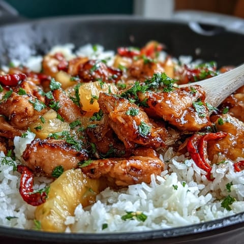 1. Pineapple Chicken and Rice Skillet with Bell Peppers, a vibrant one-pan meal with tender chicken, juicy pineapple, and colorful peppers in a sweet-savory sauce.