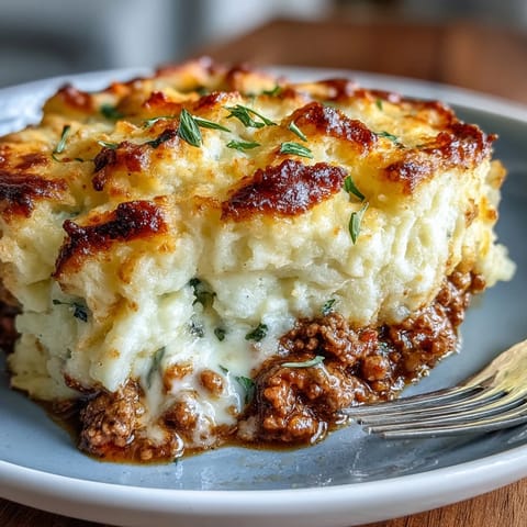 Classic Shepherds Pie with Cauliflower Mash Topping featuring golden, fluffy cauliflower mash over savory ground lamb and vegetables.