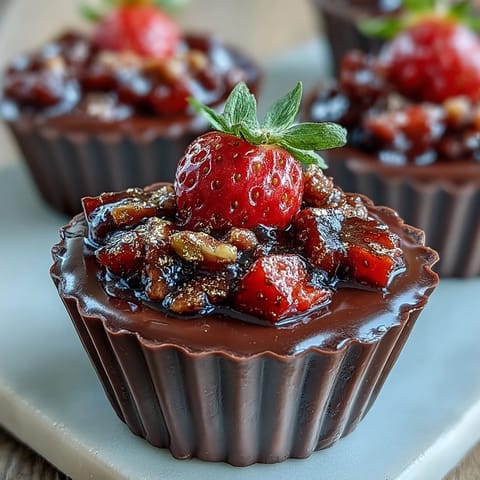 Dubai Chocolate Strawberry Cups with Pistachio Crunch—decadent dark chocolate shells filled with fresh diced strawberries and a golden pistachio crunch topping.